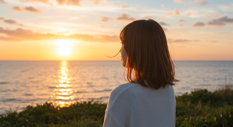 夕焼けの海を見ている女性